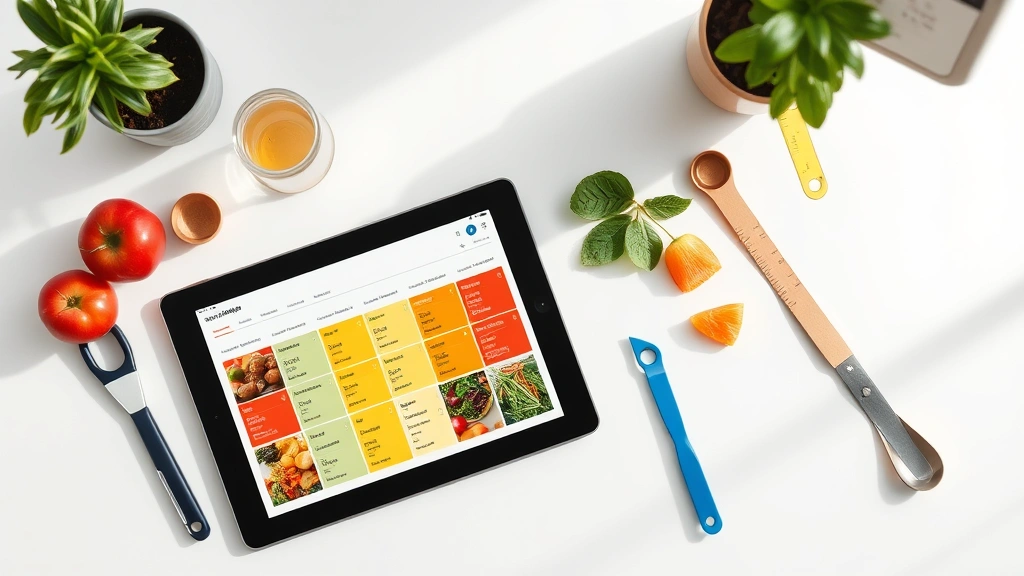 Overhead view of a modern dietary assessment workspace with colorful food nutrition labels, measurement tools, and a tablet displaying meal tracking app, minimalist desk environment with natural lighting