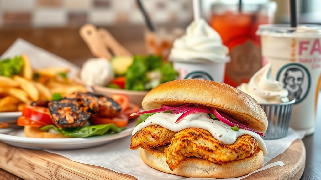 Close-up of diverse fast-casual restaurant menu items arranged artfully: grilled chicken sandwich, fresh salad, ice cream, and beverage, professional food photography with depth of field