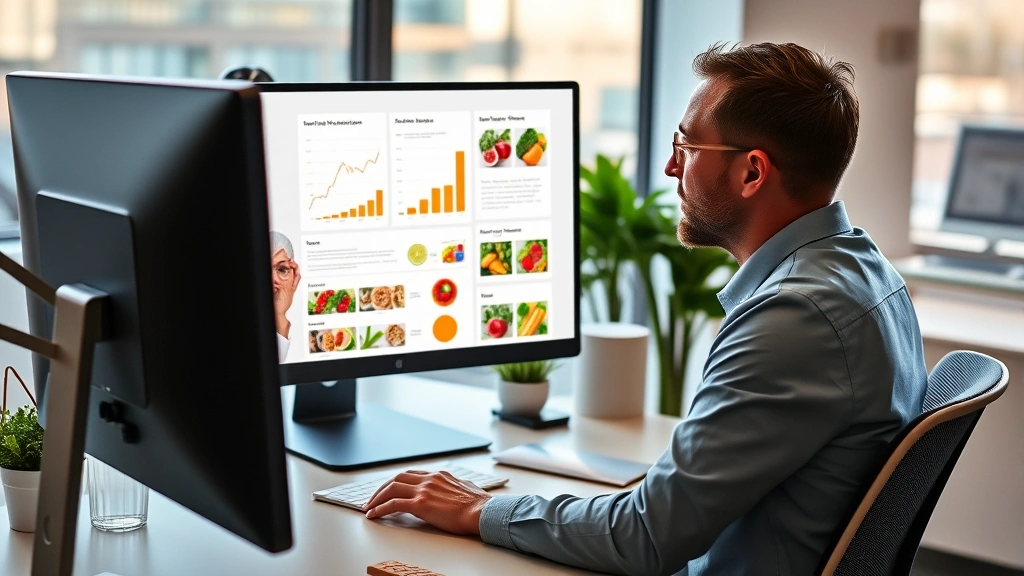 Professional nutritionist or dietitian in modern office reviewing dietary information on computer screen with charts and health data visible, warm professional lighting and healthcare setting