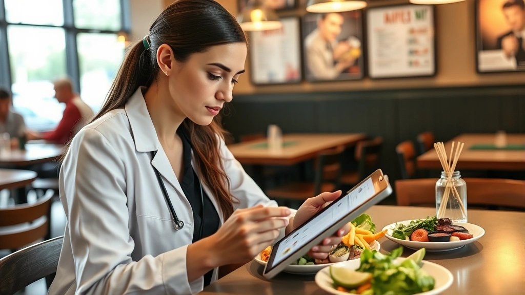 Professional nutritionist reviewing menu items at casual restaurant, holding tablet with nutrition data, analytical expression, natural lighting, focus on digital health tracking