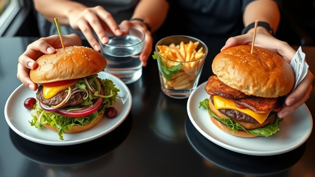 Close-up of hands comparing two burger meals side by side on modern dining table, one with salad and water versus fries and soda, showing healthy versus indulgent choices