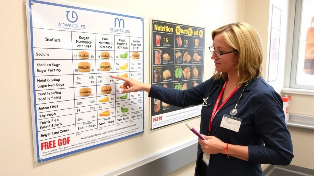 Registered dietitian in clinic setting pointing to nutritional comparison charts on wall, showing sodium and sugar content across different fast food options, educational environment