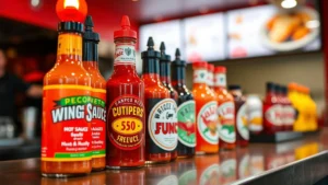 Close-up of colorful hot sauce bottles and wing sauce containers on restaurant counter, vibrant reds and oranges, professional food photography lighting, shallow depth of field