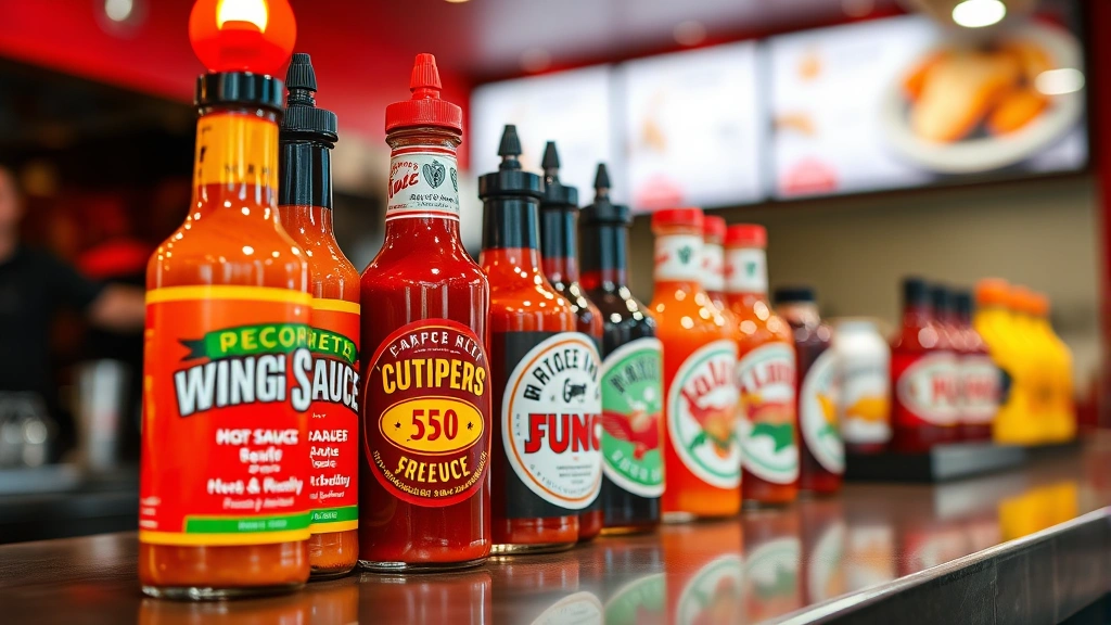 Close-up of colorful hot sauce bottles and wing sauce containers on restaurant counter, vibrant reds and oranges, professional food photography lighting, shallow depth of field