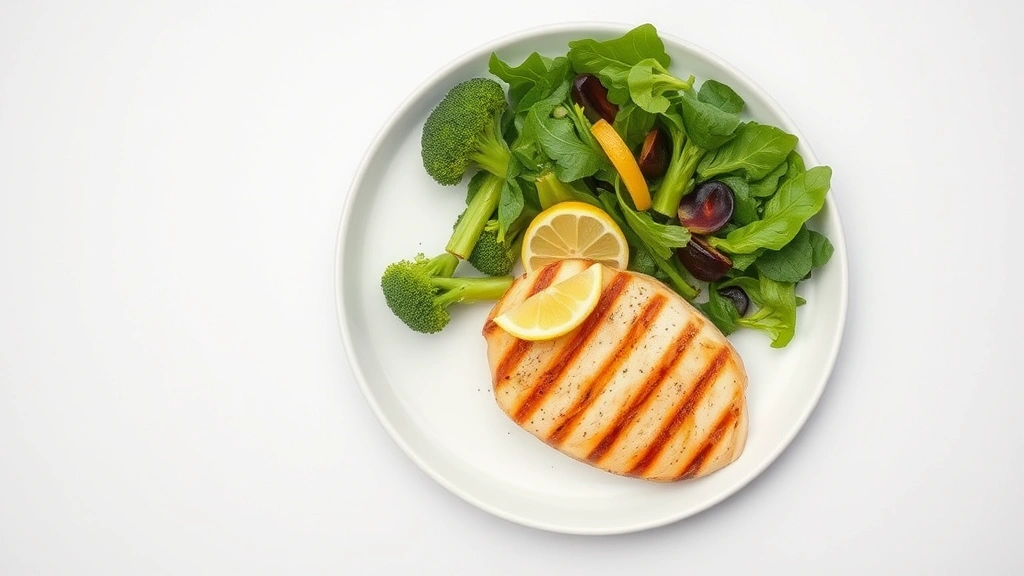 Overhead flat lay of grilled chicken breast, fresh steamed broccoli, and mixed green salad with lemon wedge on white plate, natural daylight, clean minimalist composition