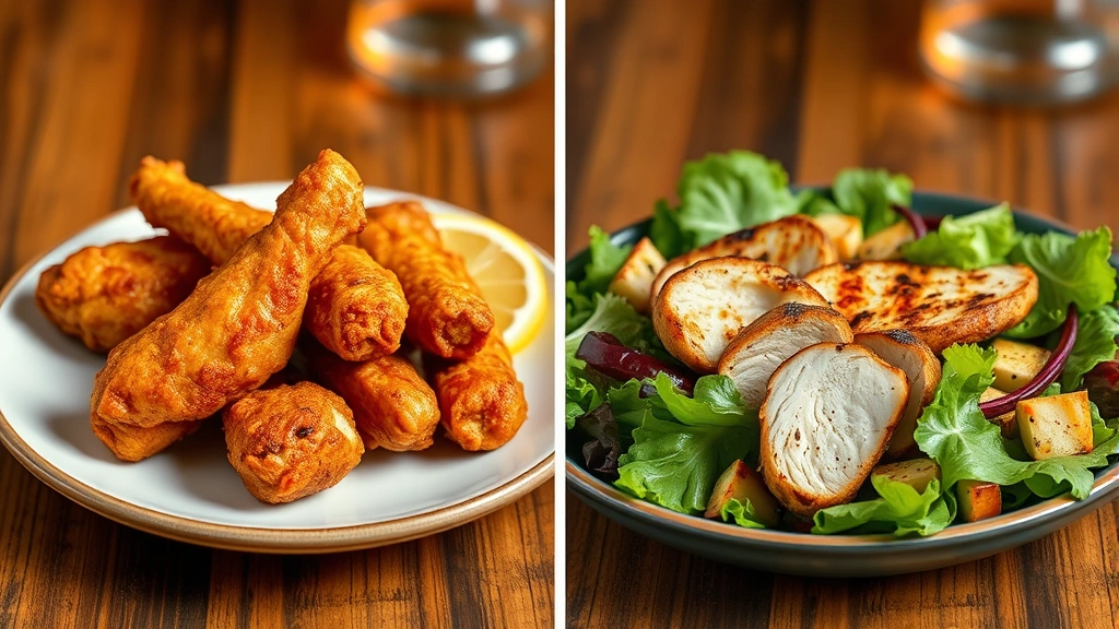 Split-screen comparison showing fried chicken wings on left side and grilled chicken salad on right side, both plated professionally, warm overhead lighting, nutritional contrast visualization