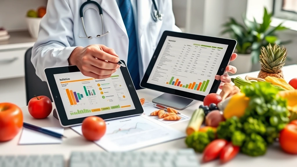 Professional nutritionist reviewing food labels and nutritional charts on a modern desk with fresh ingredients and a digital tablet displaying dietary analysis, natural morning lighting, clinical yet approachable setting