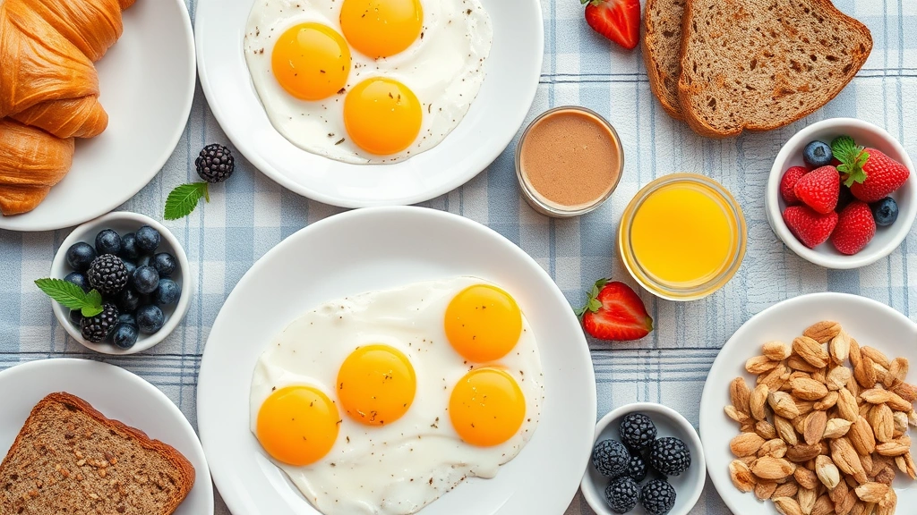 Overhead shot of various breakfast items arranged on white plates including croissants, eggs, whole grain toast, fresh berries, and nuts representing nutritional comparison options