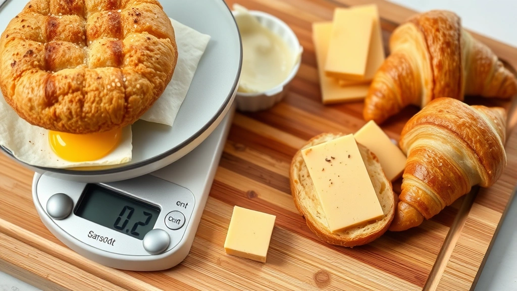 Close-up of a food scale with breakfast sandwich components separated on a wooden cutting board, showing portion sizes and ingredients like eggs, cheese, and croissant pieces in natural lighting