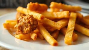 Close-up of golden-brown crispy chicken fries on white plate with steam rising, professional food photography, shallow depth of field, bright natural lighting, minimal styling