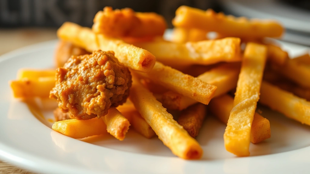 Close-up of golden-brown crispy chicken fries on white plate with steam rising, professional food photography, shallow depth of field, bright natural lighting, minimal styling