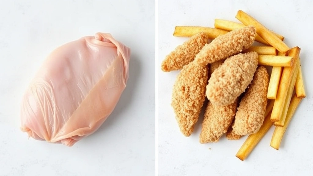 Split-screen comparison: fresh raw chicken breast on left, breaded and fried chicken fries on right, showing processing transformation, clinical food science photography, neutral background