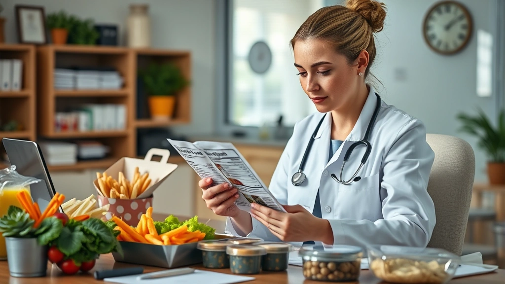 Nutritionist reviewing food labels and fast-food containers at desk with healthy alternatives nearby, professional healthcare setting, warm lighting, documentary-style photography