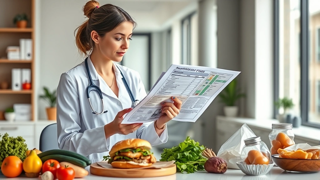 Professional dietitian reviewing nutrition facts documents and chicken sandwich components in a modern clinical office setting with natural lighting, displaying various whole foods and processed ingredients for comparison