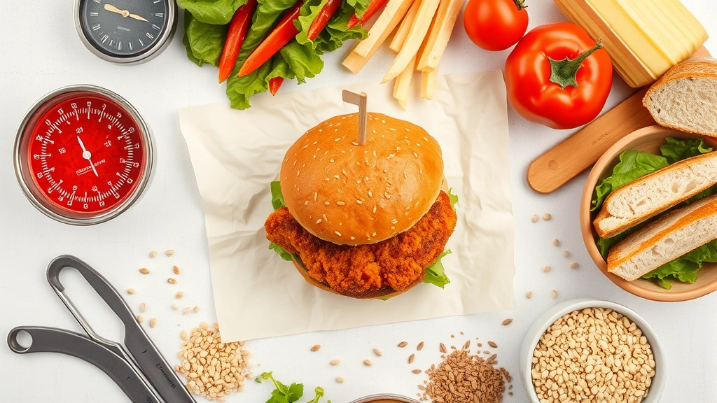 Overhead flat lay of a Burger King Crispy Chicken Sandwich on parchment paper surrounded by nutritional measurement tools, fresh vegetables, and whole grains arranged on a light background