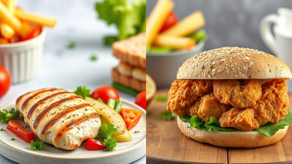 Split-screen comparison showing a grilled chicken breast with fresh vegetables and whole grain bread on one side versus a fried chicken sandwich on the other, photographed in professional food styling setup