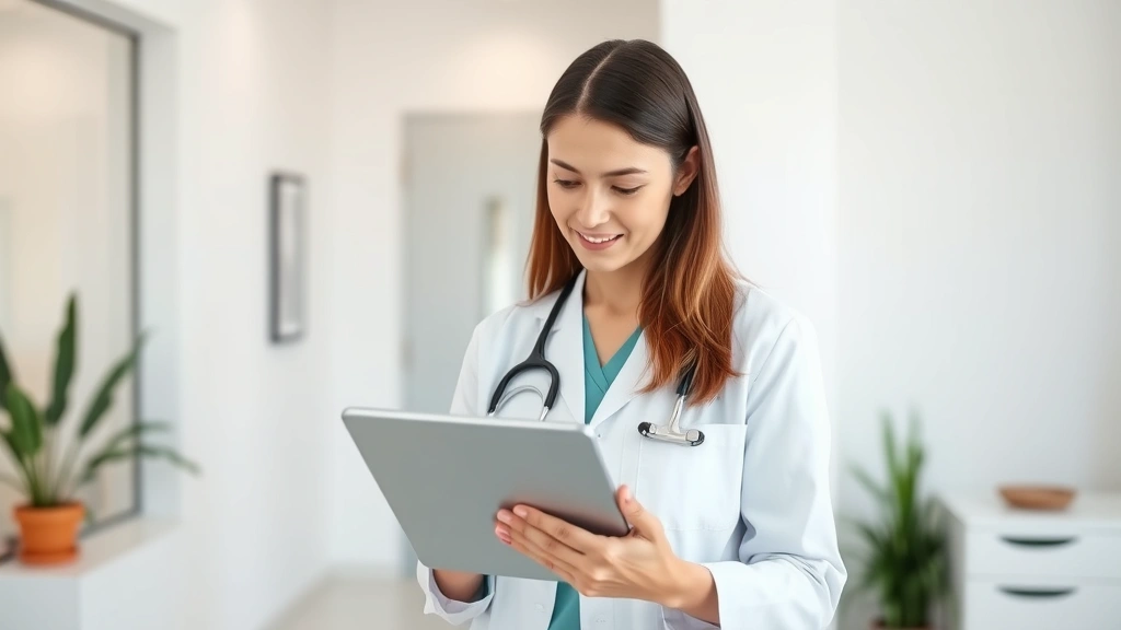 Dietitian reviewing nutritional information on tablet in modern clinic, professional attire, focused expression, clean white background, natural lighting