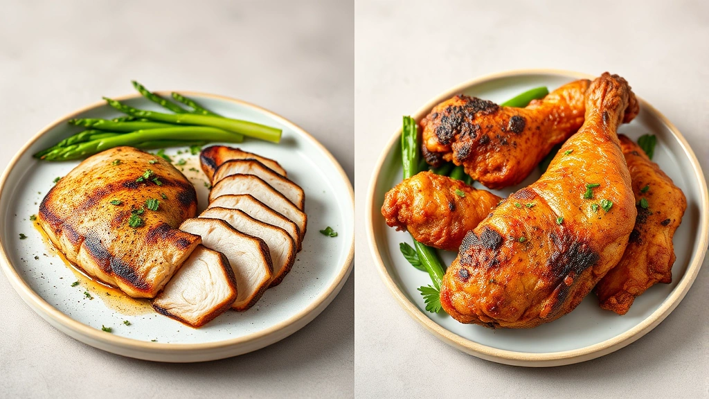 Split screen comparison: grilled chicken breast on left, crispy fried chicken on right, both plated professionally, studio photography, neutral background