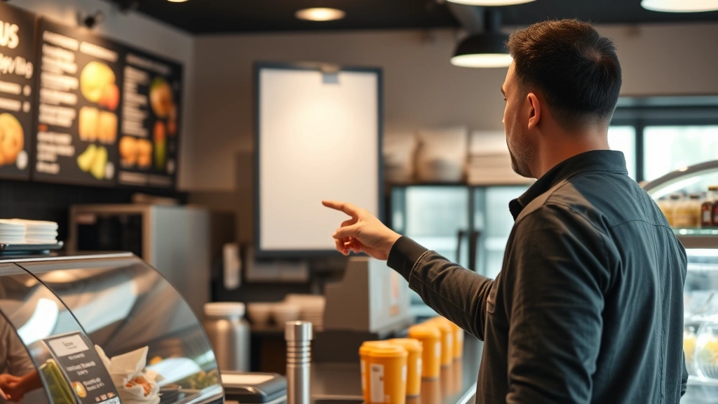 Person making healthy meal choice at restaurant counter, pointing at menu board, warm lighting, diverse representation, candid moment