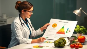 Dietitian in professional attire reviewing colorful nutrition charts and food pyramid diagrams on modern office desk with fresh vegetables and measuring scales