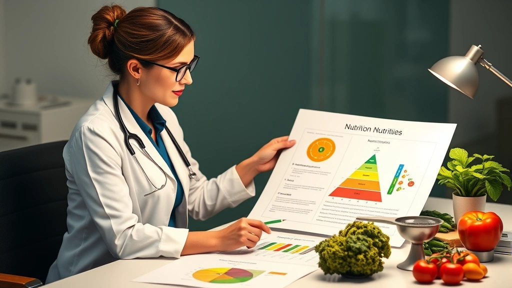 Dietitian in professional attire reviewing colorful nutrition charts and food pyramid diagrams on modern office desk with fresh vegetables and measuring scales