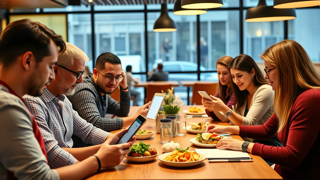 Diverse group of people reviewing nutrition information on tablet devices at modern restaurant table, digital health tracking interface visible