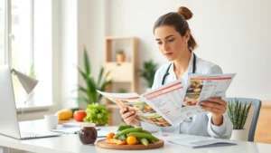 Professional dietitian reviewing nutrition labels and meal components at a modern wellness consultation desk, holding fresh ingredients and nutritional analysis documents, bright natural lighting, focused expression