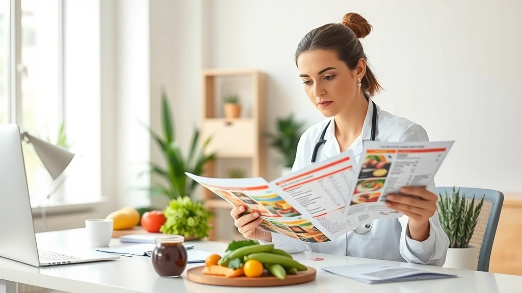 Professional dietitian reviewing nutrition labels and meal components at a modern wellness consultation desk, holding fresh ingredients and nutritional analysis documents, bright natural lighting, focused expression