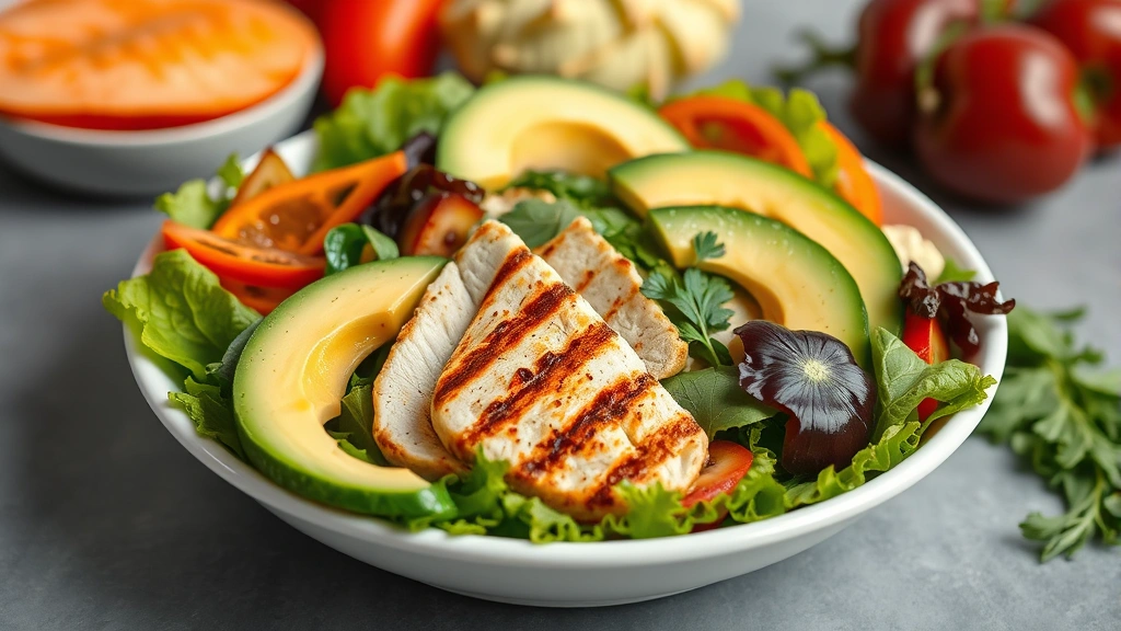 Colorful fresh salad bowl with mixed greens, grilled chicken breast, avocado slices, and vibrant vegetables arranged professionally on white ceramic plate, soft studio lighting, shallow depth of field emphasizing ingredients