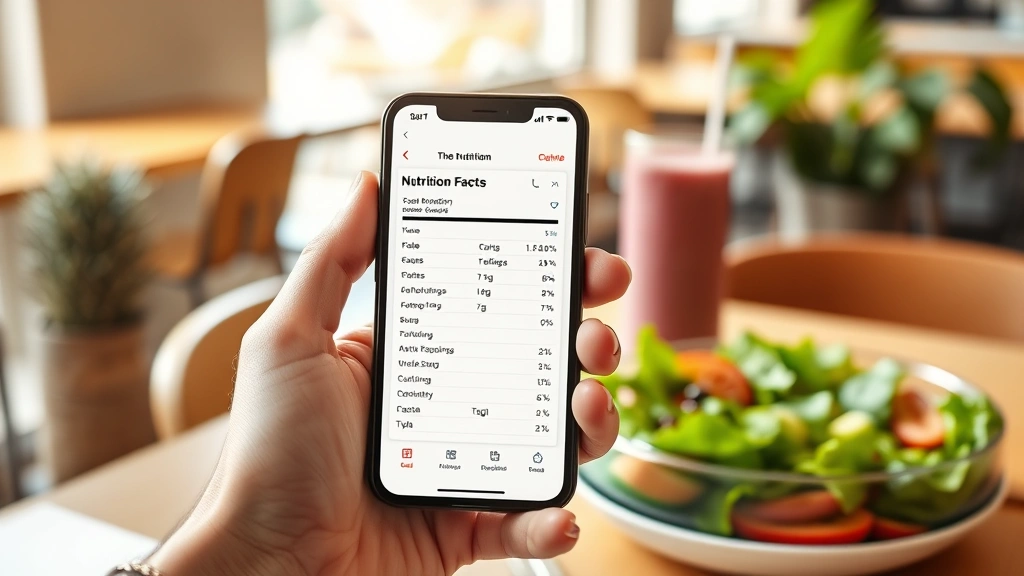 Person holding smartphone displaying nutrition facts app with macro breakdown charts, sitting in bright cafe environment with fresh smoothie and salad visible on table, digital wellness technology focus