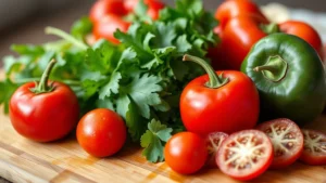 Close-up of colorful fresh vegetables on a wooden cutting board, vibrant greens and reds, professional food photography, natural daylight