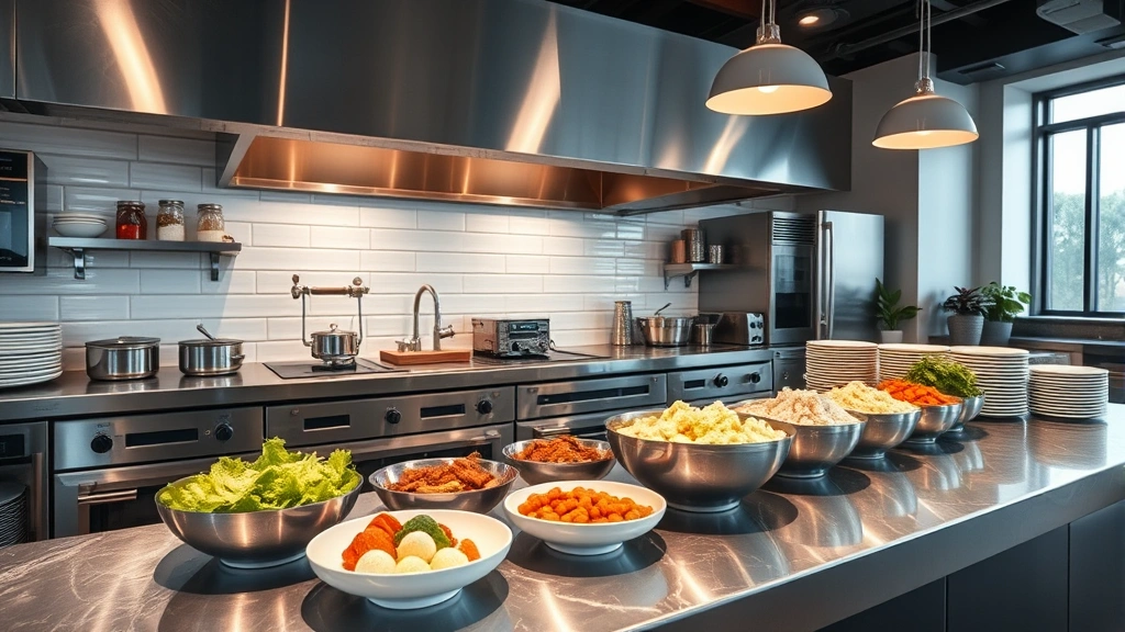 Modern restaurant kitchen counter with stainless steel equipment, fresh ingredients in bowls, minimalist aesthetic, professional culinary environment