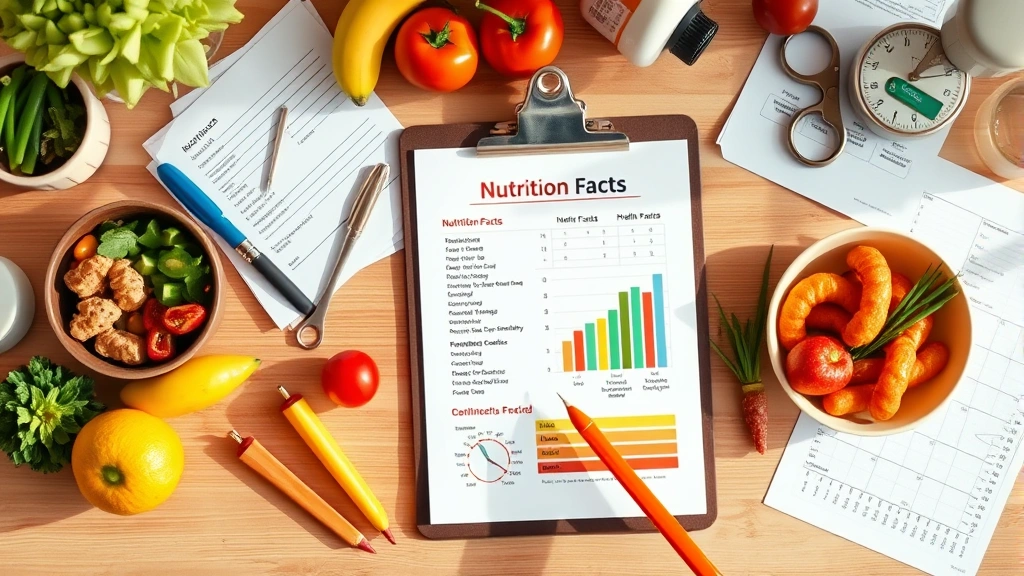 Overhead view of a nutritionist's desk with clipboard showing nutrition facts, colorful food items, measuring tools, and health tracking documents, warm natural lighting
