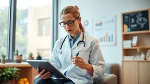 Professional dietitian analyzing nutritional data on tablet in modern clinic office, charts and graphs visible, natural lighting, focused expression