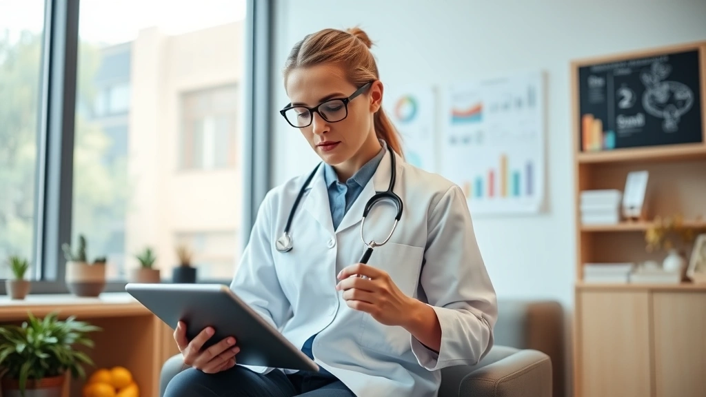 Professional dietitian analyzing nutritional data on tablet in modern clinic office, charts and graphs visible, natural lighting, focused expression