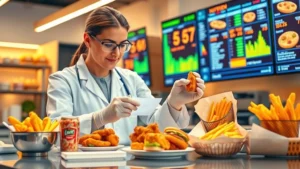 Professional food nutritionist analyzing chicken tenders and fast-casual meal components in modern laboratory setting with digital nutrition analysis displays in background, warm professional lighting