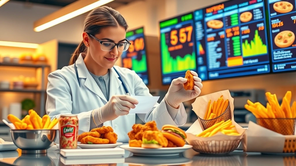 Professional food nutritionist analyzing chicken tenders and fast-casual meal components in modern laboratory setting with digital nutrition analysis displays in background, warm professional lighting