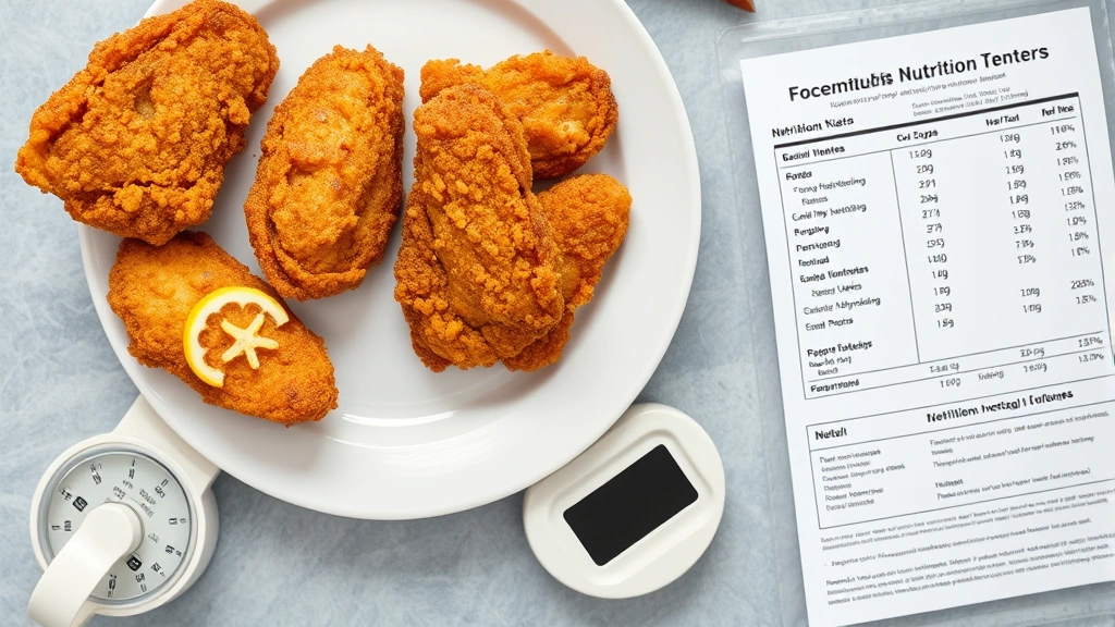 Detailed overhead shot of golden fried chicken tenders on white plate with measuring scale and nutritional information chart visible nearby, clinical yet appetizing presentation with natural daylight