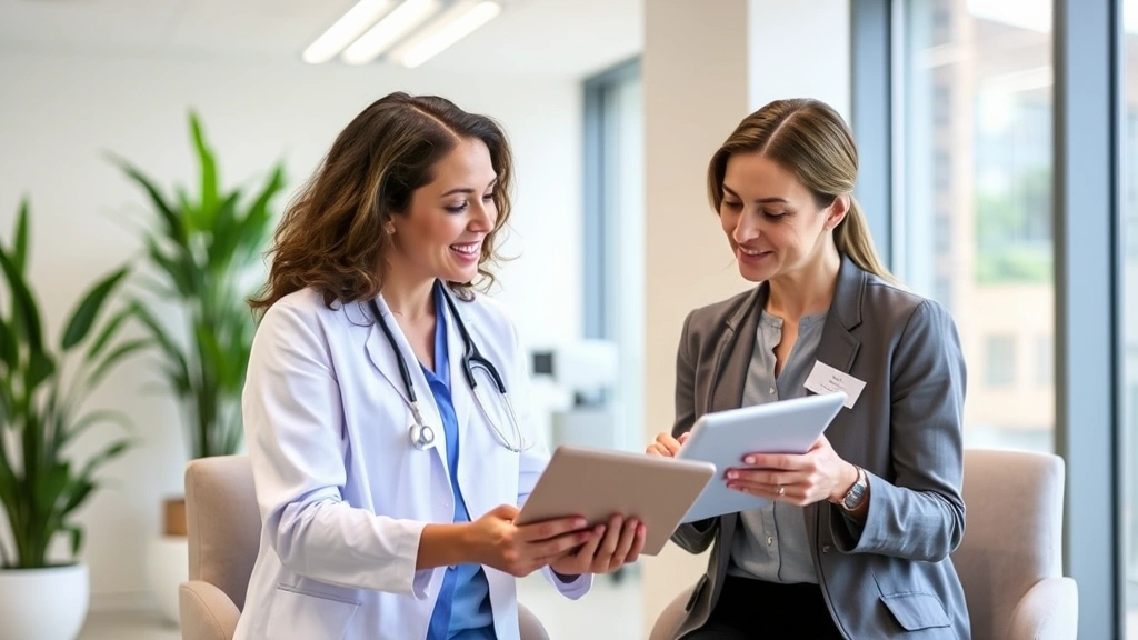 Registered dietitian consulting with diverse client in bright modern office, reviewing personalized meal planning strategies and nutrition charts on tablet device, professional healthcare environment