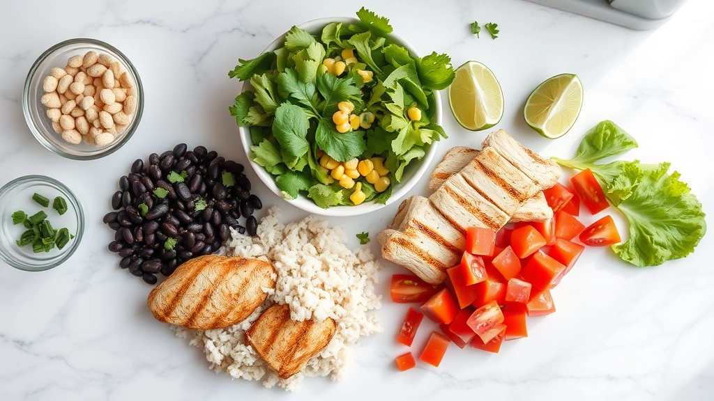Professional food photographer capturing vibrant bowl ingredients separated before assembly: grilled chicken breast, cilantro-lime rice, black beans, corn, fresh lettuce, diced tomatoes, and lime wedge on white marble surface with natural window lighting, clean modern aesthetic, no text or labels visible, professional culinary presentation style
