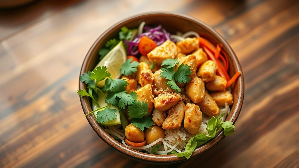 Overhead shot of completed cantina chicken bowl with perfectly arranged components, garnished with fresh cilantro and lime wedge, shallow depth of field with blurred kitchen background, warm natural lighting highlighting colors and textures, restaurant-quality presentation, no signage or text elements