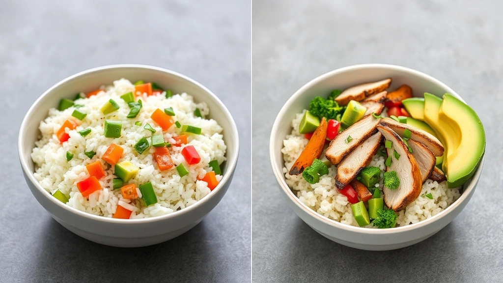 Split-screen comparison image showing two bowls side-by-side: left bowl with standard preparation (white rice, minimal vegetables) appearing heavier and dense, right bowl with modified healthy version (cauliflower rice, double vegetables, avocado, grilled chicken) appearing lighter and more colorful, natural lighting emphasizing nutritional differences, no text overlay