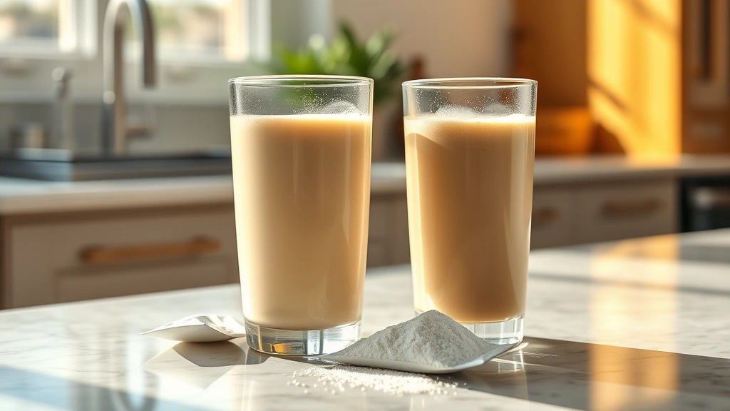 Close-up of a glass filled with creamy instant breakfast drink next to an open packet of powder on a marble countertop, morning sunlight streaming through, photorealistic beverage photography