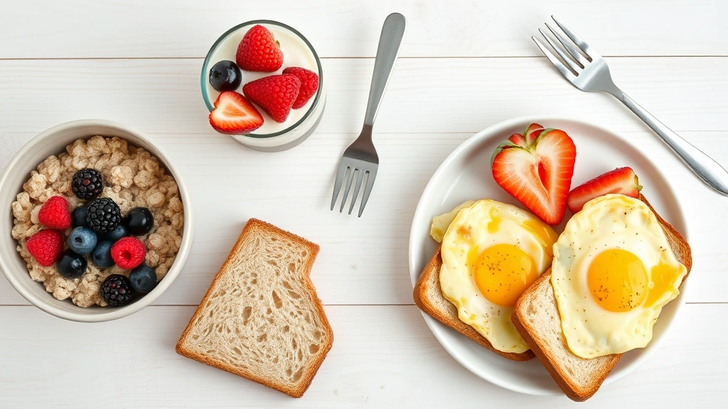 Flat lay composition of breakfast alternatives: oatmeal bowl with berries, Greek yogurt parfait, scrambled eggs with toast, and fresh fruit arranged on a light wooden table, nutritious variety comparison