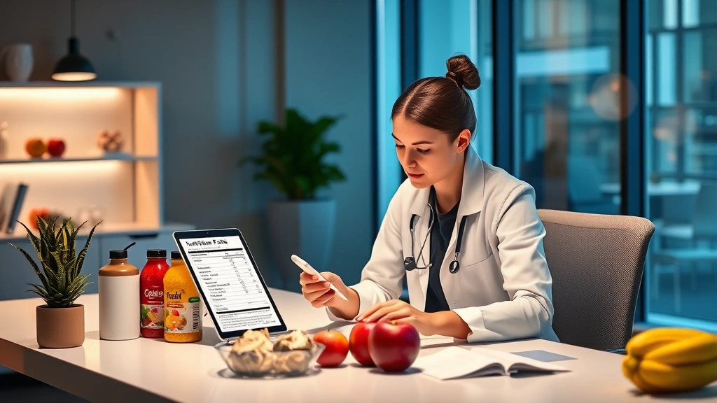 Dietitian reviewing nutrition labels and comparing products at a modern desk with tablet and nutritional charts, professional healthcare setting with warm lighting, expert consultation atmosphere