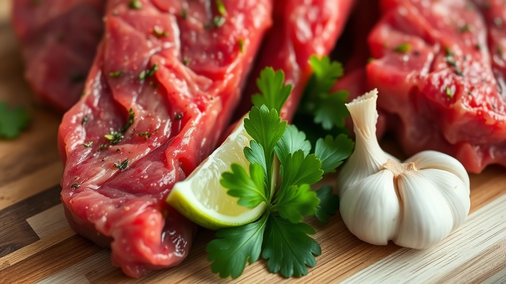 Close-up of seasoned raw beef steak with citrus lime wedges, fresh garlic cloves, and cilantro arranged on a wooden cutting board, natural lighting emphasizing the meat's marbling and texture