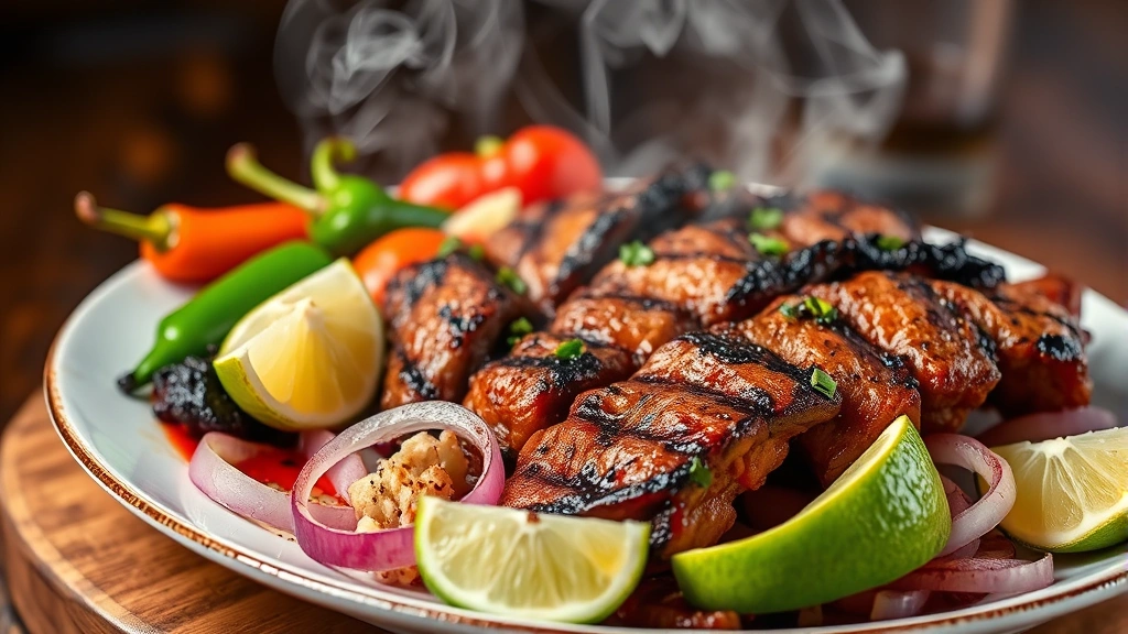 Vibrant grilled carne asada plated with charred peppers, onions, and fresh lime wedges, steam rising from the hot meat, professional food photography styling