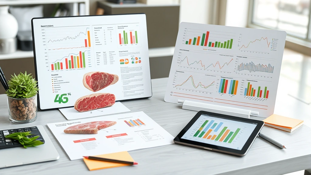 Nutritionist's workspace displaying nutritional data charts, beef protein analysis diagrams, and micronutrient comparison graphs on a modern desk with tablet and notes