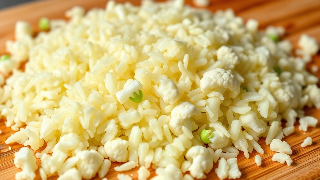Close-up of fresh raw cauliflower rice florets in natural light, vibrant white and pale green colors, shallow depth of field, scattered on wooden cutting board with water droplets
