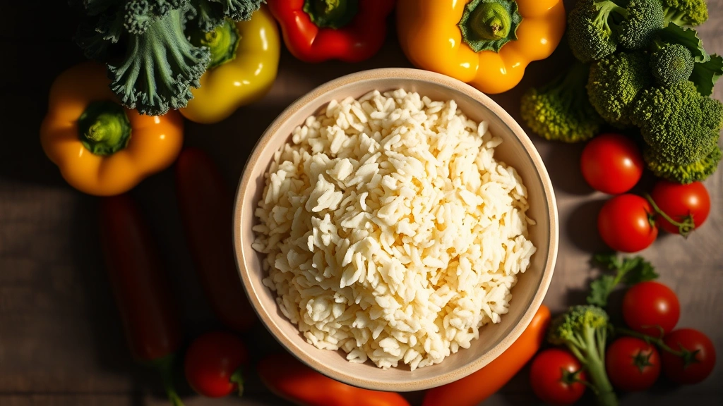 Overhead flat lay of prepared cauliflower rice in ceramic bowl surrounded by colorful vegetables like bell peppers, broccoli, and cherry tomatoes, warm natural lighting, minimalist composition